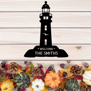 Welcoming Personalized Lighthouse Address Sign -  Metal Beach House Vacation Wall Art