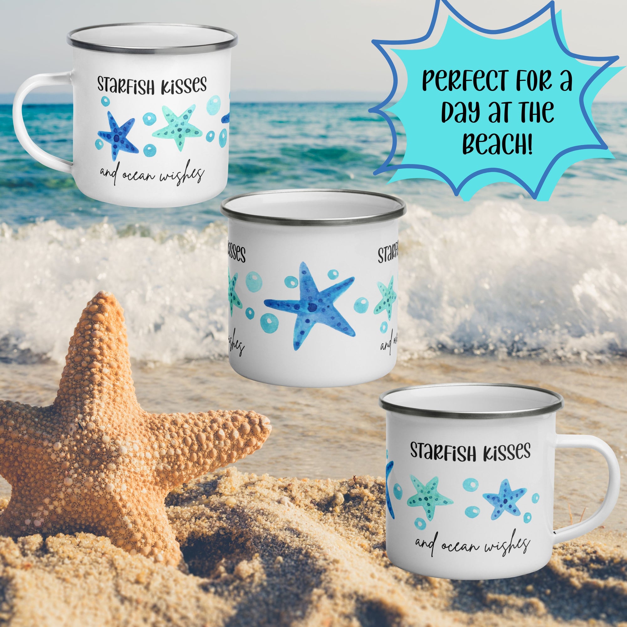 Starfish and Sea Glass Beach Themed White Enamel Mug