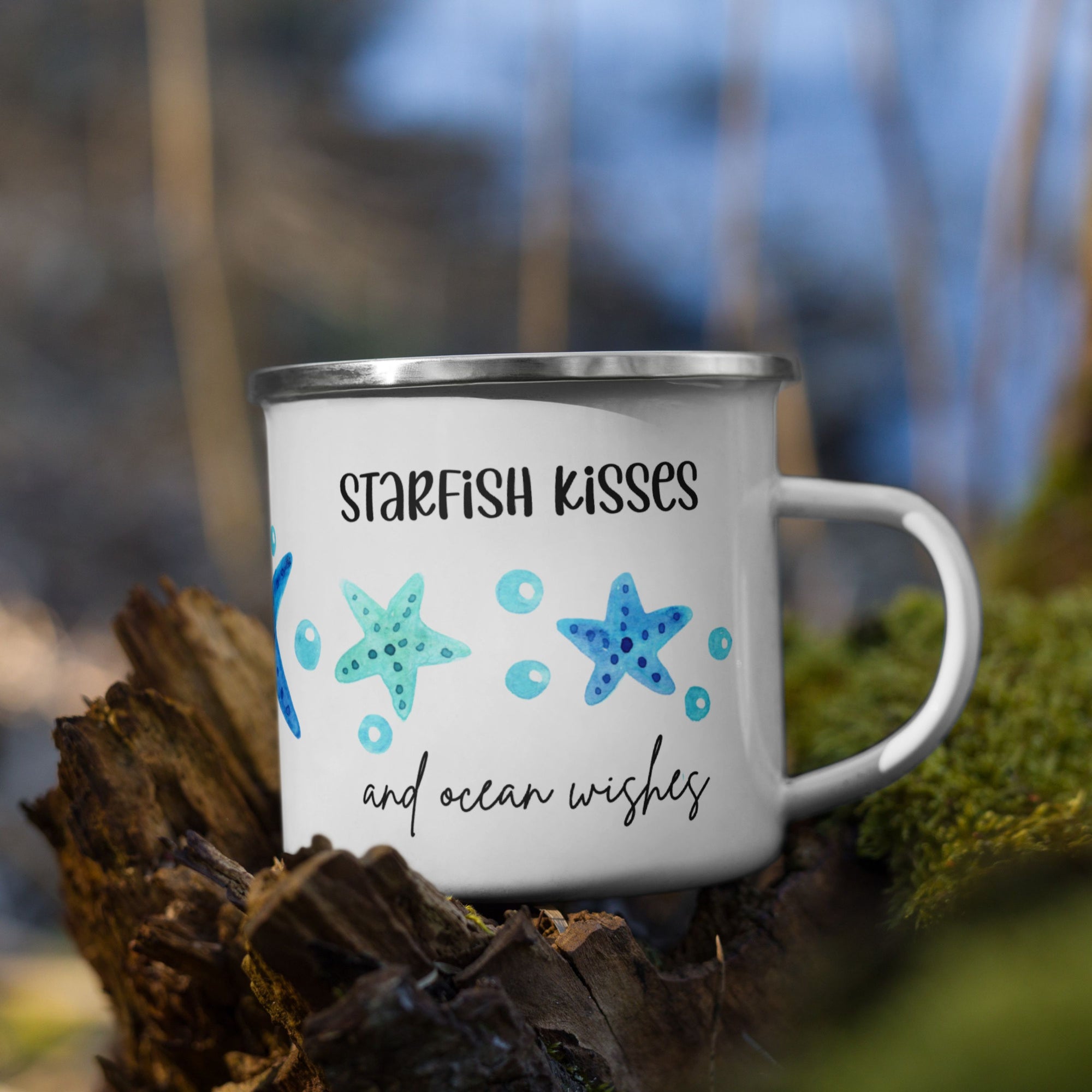 Starfish and Sea Glass Beach Themed White Enamel Mug