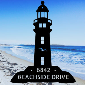 Welcoming Personalized Lighthouse Address Sign -  Metal Beach House Vacation Wall Art