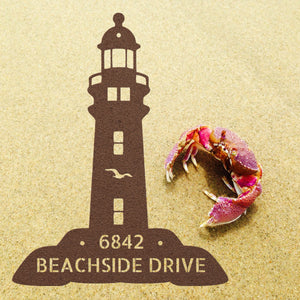 Welcoming Personalized Lighthouse Address Sign -  Metal Beach House Vacation Wall Art