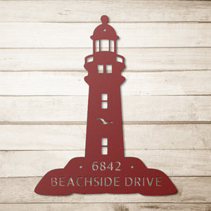 Welcoming Personalized Lighthouse Address Sign -  Metal Beach House Vacation Wall Art